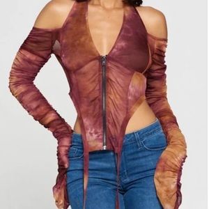 Wine Mesh Halterneck Ruched Long Sleeve Top
